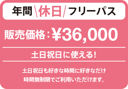 土曜、日曜、祝日に使える！年間休日フリーパス ￥36,000（税込）